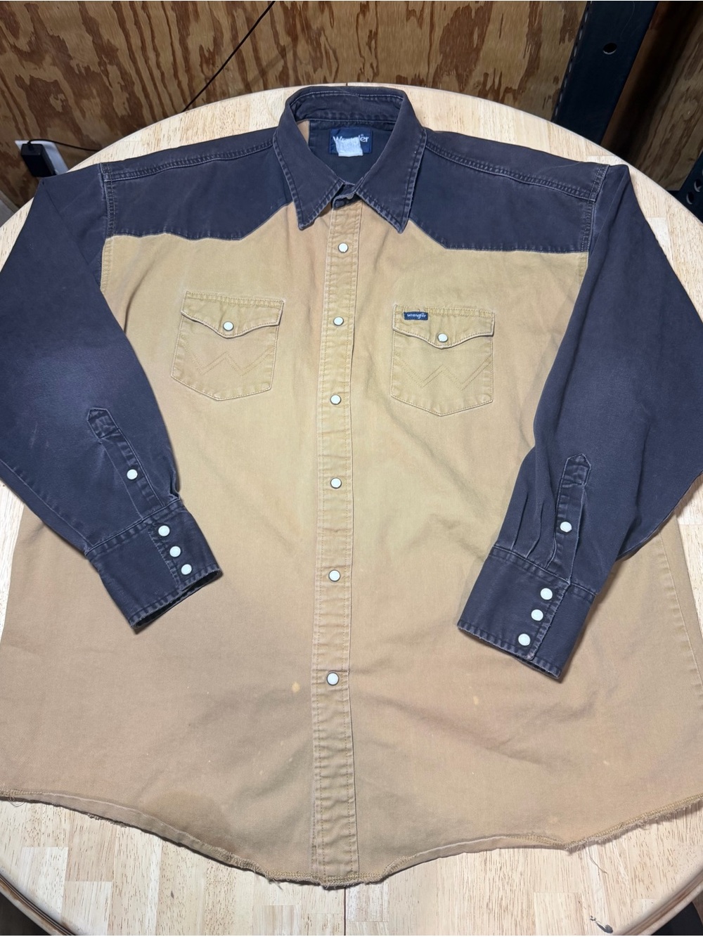 Vintage Wrangler Two Tone Denim Western Pearl Snap Shirt Black Tan Mens 2XL XXL